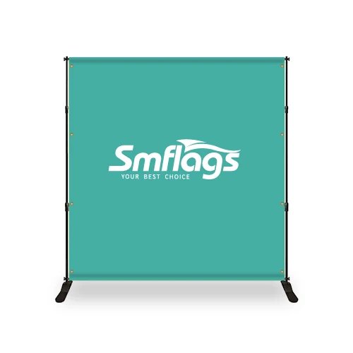 Backdrop banner stand assembled with 8ft x 10ft banner in a trade show setting