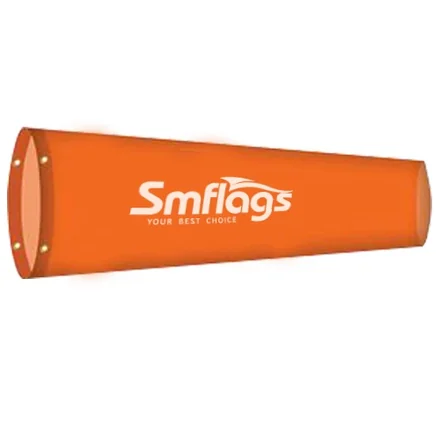 Row of custom windsock flags in different sizes and colours at an industrial site