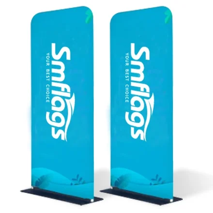 Fabric banner stand being folded and stored in the included canvas carrying bag