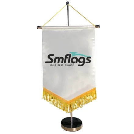 Podium banner with hanging cord and tassels folded and stored in a carrying bag