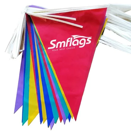 Close-up of a pennant string with triangle shape and vibrant digital print