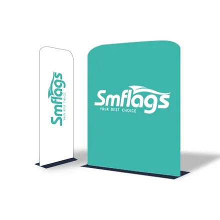 Fabric banner stand assembled with 250g knit polyester graphic on a solid steel base