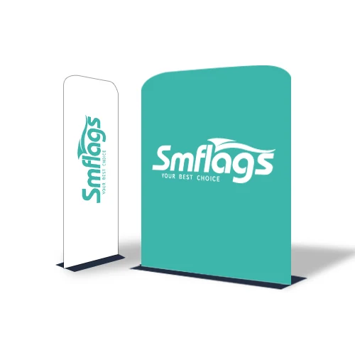 Fabric banner stand assembled with 250g knit polyester graphic on a solid steel base