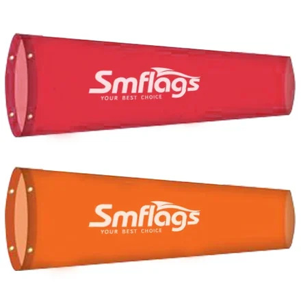 Close-up of a windsock flag inflating with airflow, showing the conical shape