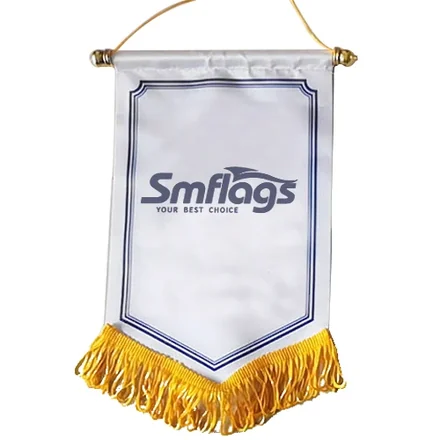 Podium banner with V-cut bottom and tassels hanging from a dowel