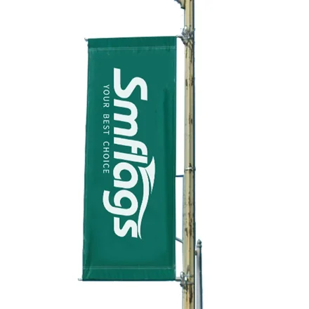 Row of custom printed avenue banners along a city street during a festival