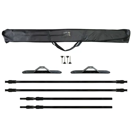 Five-step assembly process shown with poles, crossbars and banner being secured