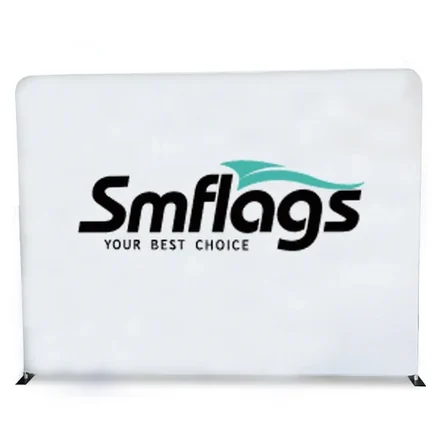 Fabric banner stand displayed at a trade show with a full colour graphic