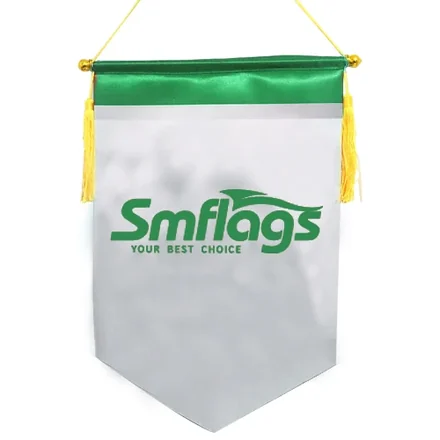 Podium banner with straight-cut bottom and fringe, displayed in a church