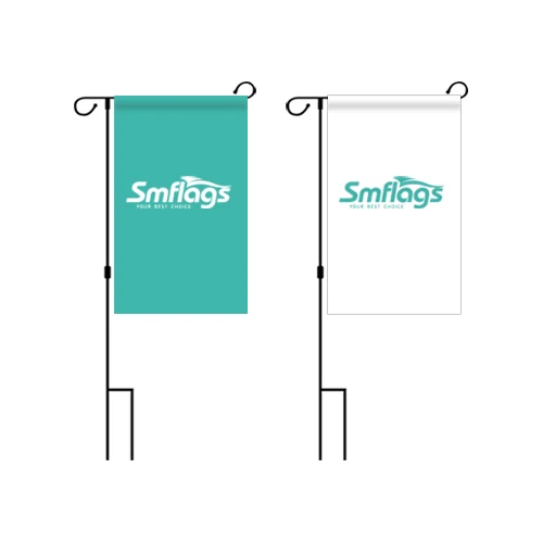 Custom printed garden flag in 12in x 18in size mounted on a flag pole in a residential yard