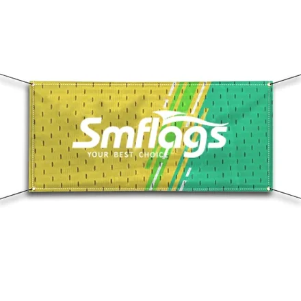 Mesh banner with pole sleeve and grommets shown side by side