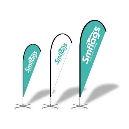 Custom printed teardrop flags standing outdoors on cross bases