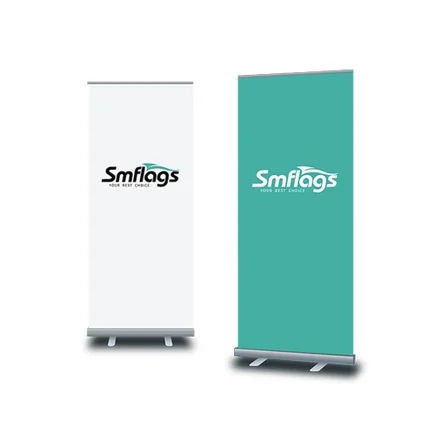 Retractable banner stand with banner fully extended, showing digital print on premium knit polyester