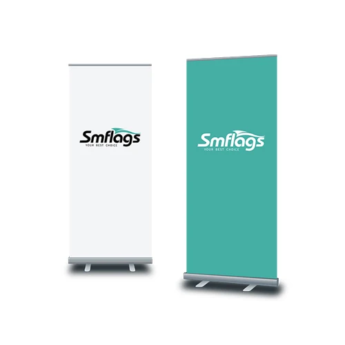 Retractable banner stand with banner fully extended, showing digital print on premium knit polyester