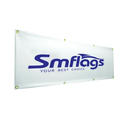 Row of vinyl banners in different sizes displayed at a trade show or event