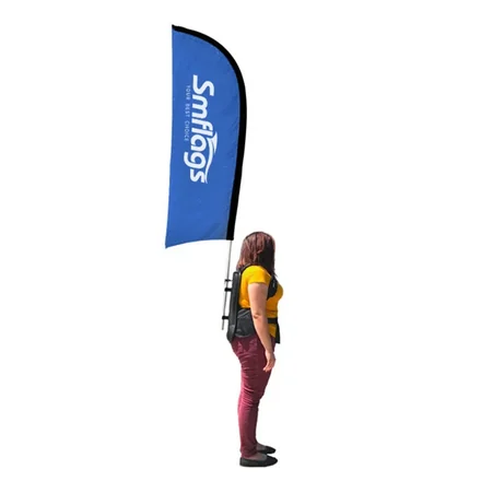 Backpack flag in feather style with convex bottom, showing full colour print