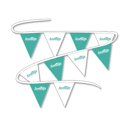 Row of custom printed pennant strings hanging from a ceiling with triangle and rectangular flags
