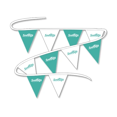 Row of custom printed pennant strings hanging from a ceiling with triangle and rectangular flags