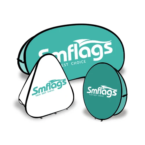 Pop Up A-Frame banner in vertical shape set up at a trade show with double-sided print