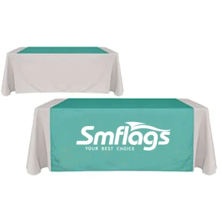 Multiple table runners in different sizes and colours laid out on a showroom table