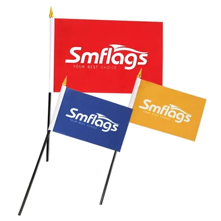 Close-up of a 4in X 6in stick flag with plastic staff and single reverse print