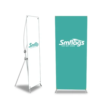 X-banner stand fully assembled with custom printed banner in a trade show setting