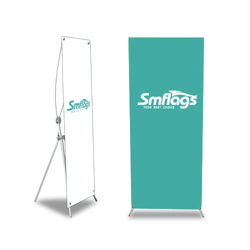 X-banner stand fully assembled with custom printed banner in a trade show setting
