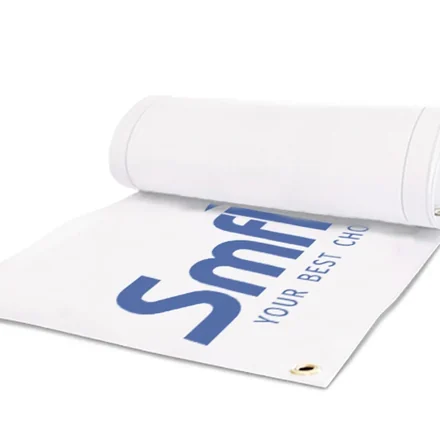 Vinyl banner with wind slit cut in the middle, showing reduced wind load