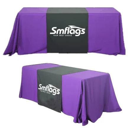 Table runner used over a solid-coloured table cover to create a branded display