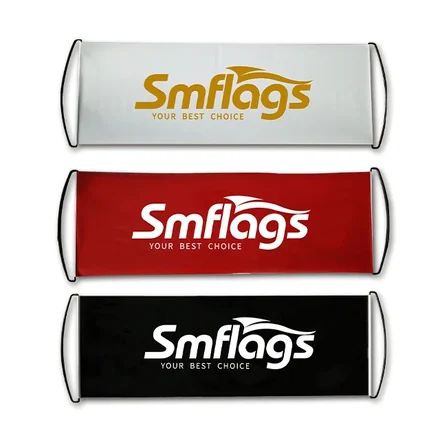 Handheld scroll banner with suction-cups attached to handles for window display