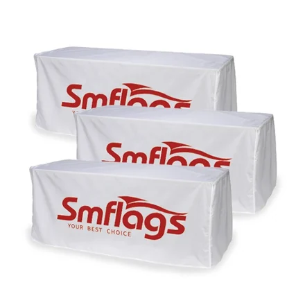 Fitted table cover with custom print on 250g knit polyester fabric