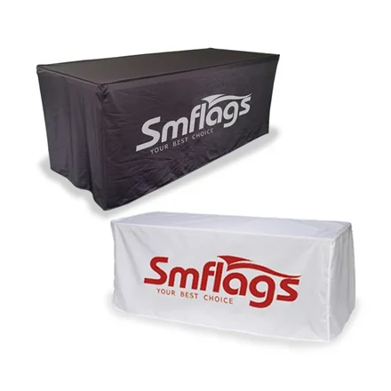 Three-sided fitted table cover showing front and two sides with open back