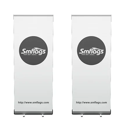 Multiple retractable banner stands displayed at a trade show booth