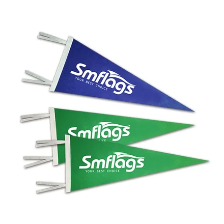 Stiff felt pennant with sewn header and string ties for hanging