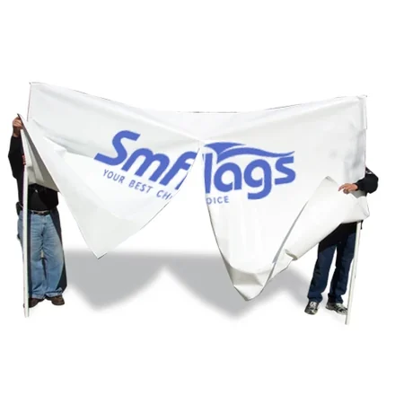Two-piece breakaway banner with Velcro seam and pole sleeves on both sides