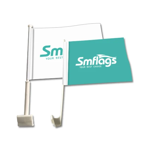 Custom printed car flag mounted on a vehicle with economic pole
