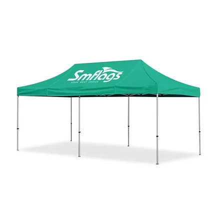 Tent with ground spike and sandbag anchoring on grass surface
