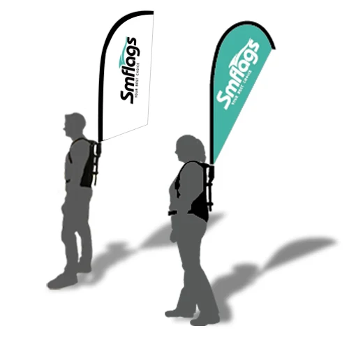 Backpack flag in teardrop style being worn by a person at a trade show