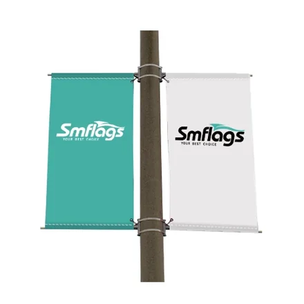 Avenue banner mounted on a street pole with pole sleeves and brass grommets