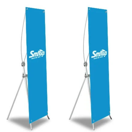 X-banner stand in use at a retail store entrance with clear branding