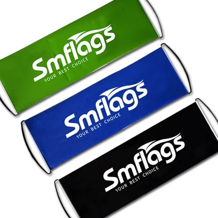 Double-sided handheld scroll banner showing clear graphics on both faces