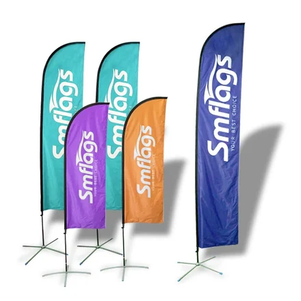 Double sided feather flag showing artwork reading correctly on the reverse
