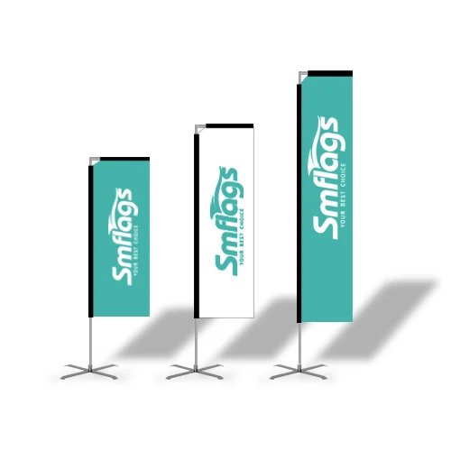 Custom printed rectangular banner flag standing outdoors with ground spike in sand
