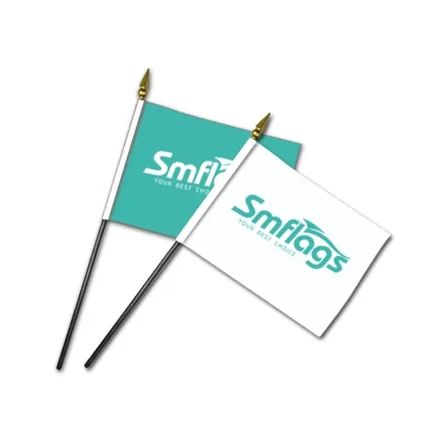 Row of custom printed stick flags in various sizes held by hands at an event