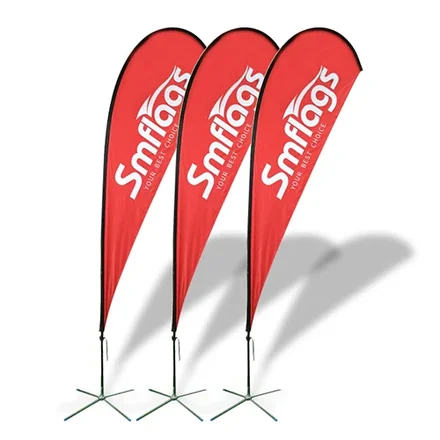Teardrop flag base options including cross base, flat base, and ground spike