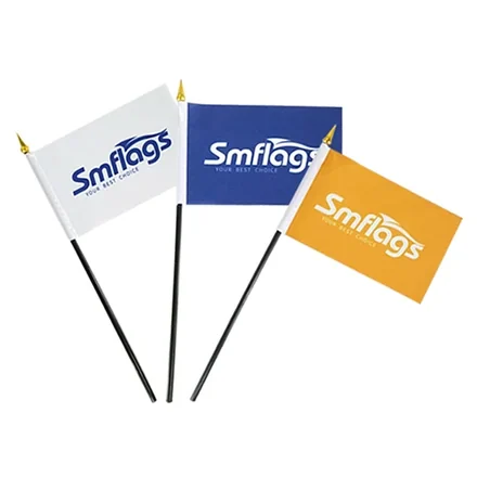 Stick flag with wooden dowel and double-sided build showing correct text on both sides