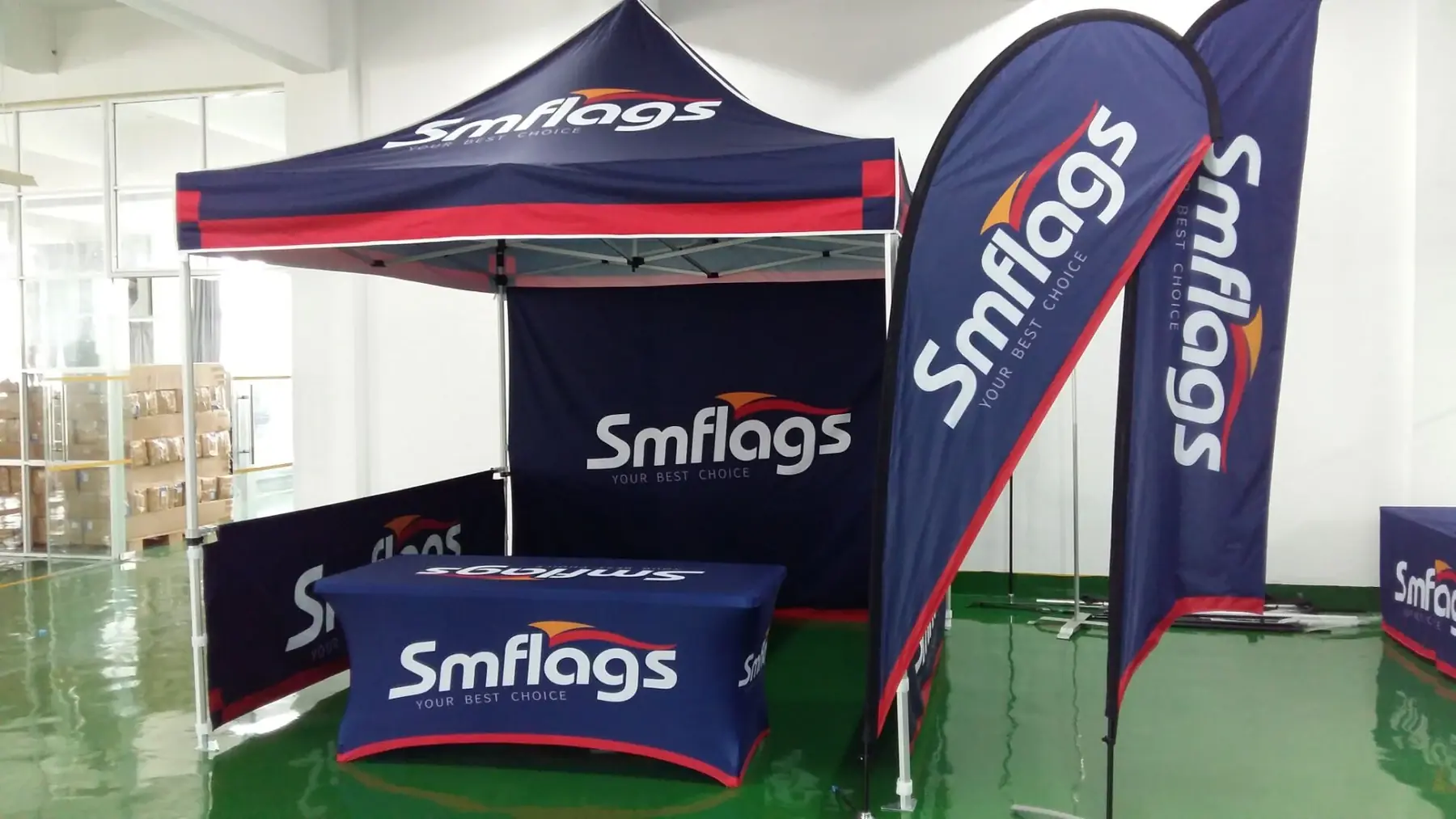 Printed advertising tent, teardrop flags, table cover and backdrop from Siming Displays