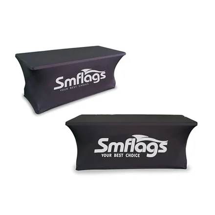 3-sided stretch table cover on a rectangular table with front and sides covered