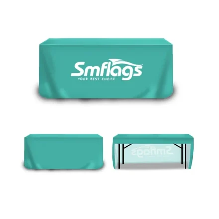 Table throw with 4-sided coverage and open back, showing access to items underneath