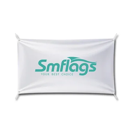 Large custom printed vinyl banner hanging outdoors with grommets and hemmed edges
